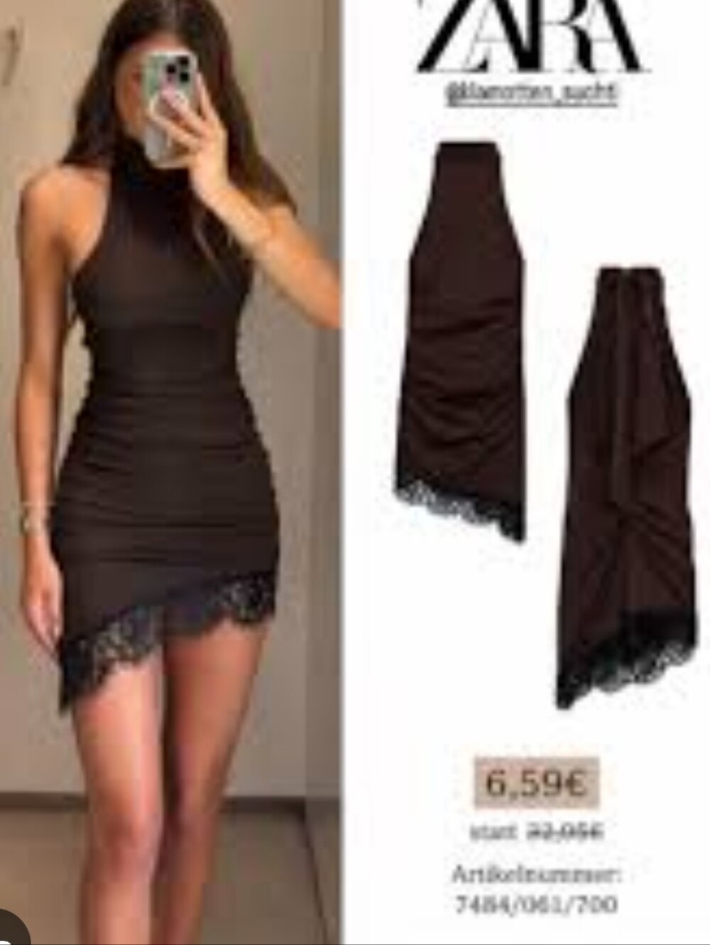 NWOT Zara Ruched Halter Lace Asymmetric Midi Dress in Chocolate Brown Small